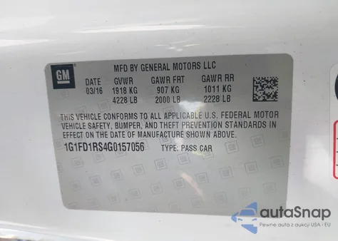 2016 Chevrolet Camaro Lt из США, поврежденный, VIN 1G1FD1RS4G0157056